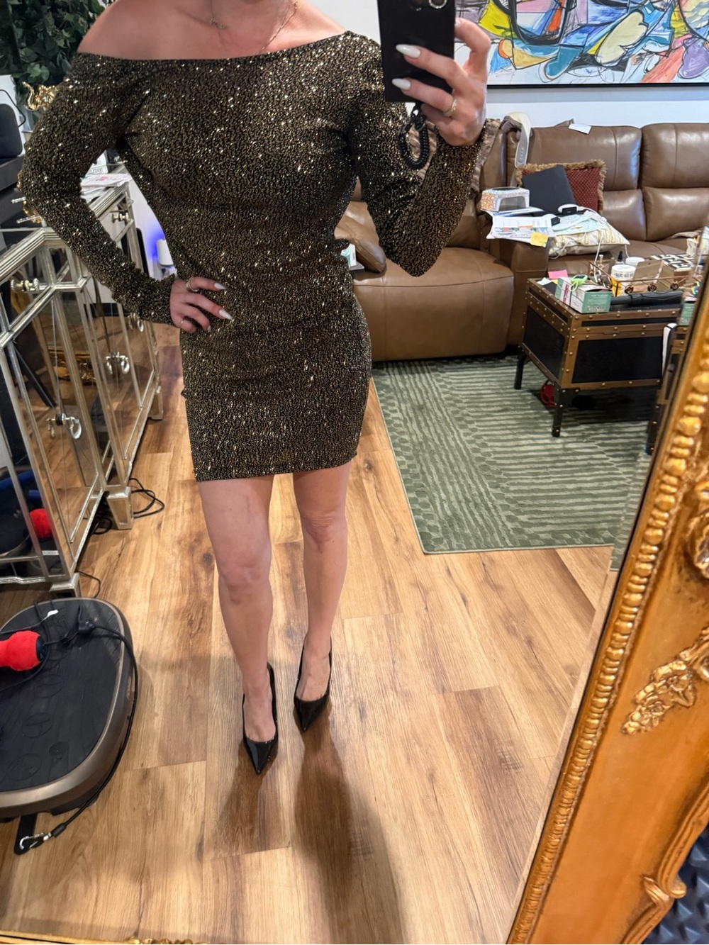 Leilani Collection Off-Shoulder Sequin Bodycon Dress in Gold - Like NEW